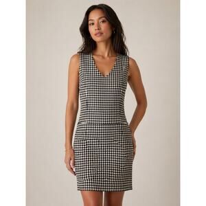 Eddie Bauer Wool Blend Houndstooth Black Cream Sleeveless Dress M Classic Chic